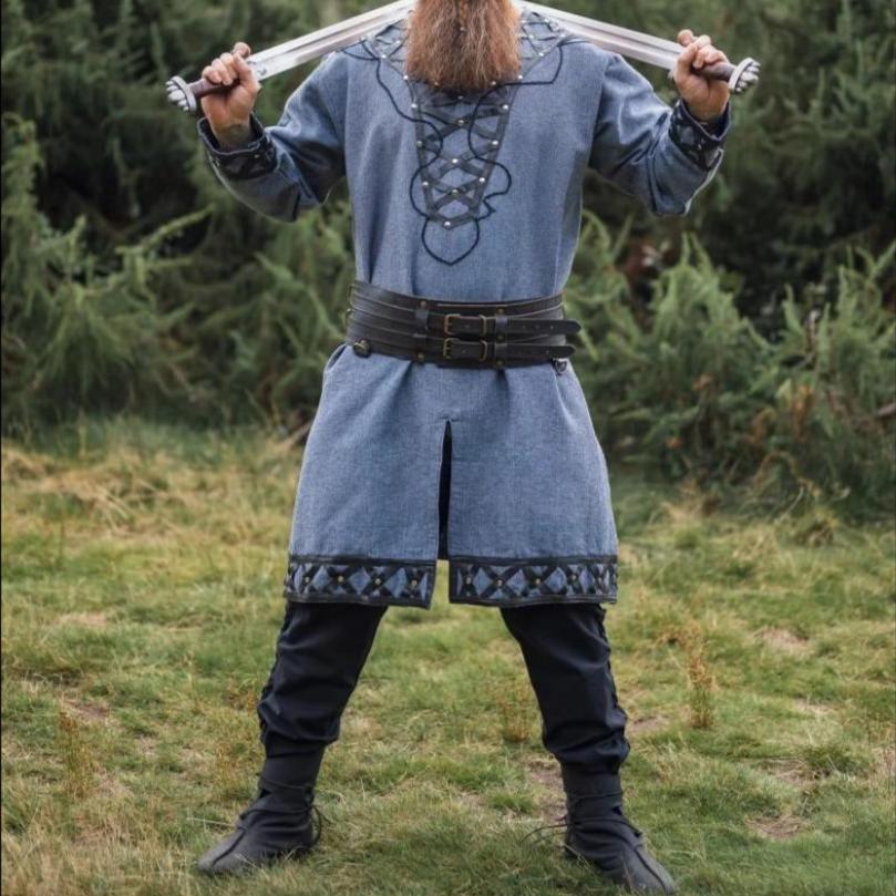 LIMITED EDITION Viking Tunic - Blue Gray with Leather Trim & Rivets - Image 4