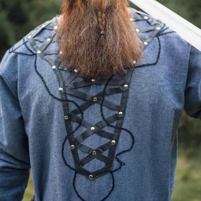 LIMITED EDITION Viking Tunic - Blue Gray with Leather Trim & Rivets - Image 6