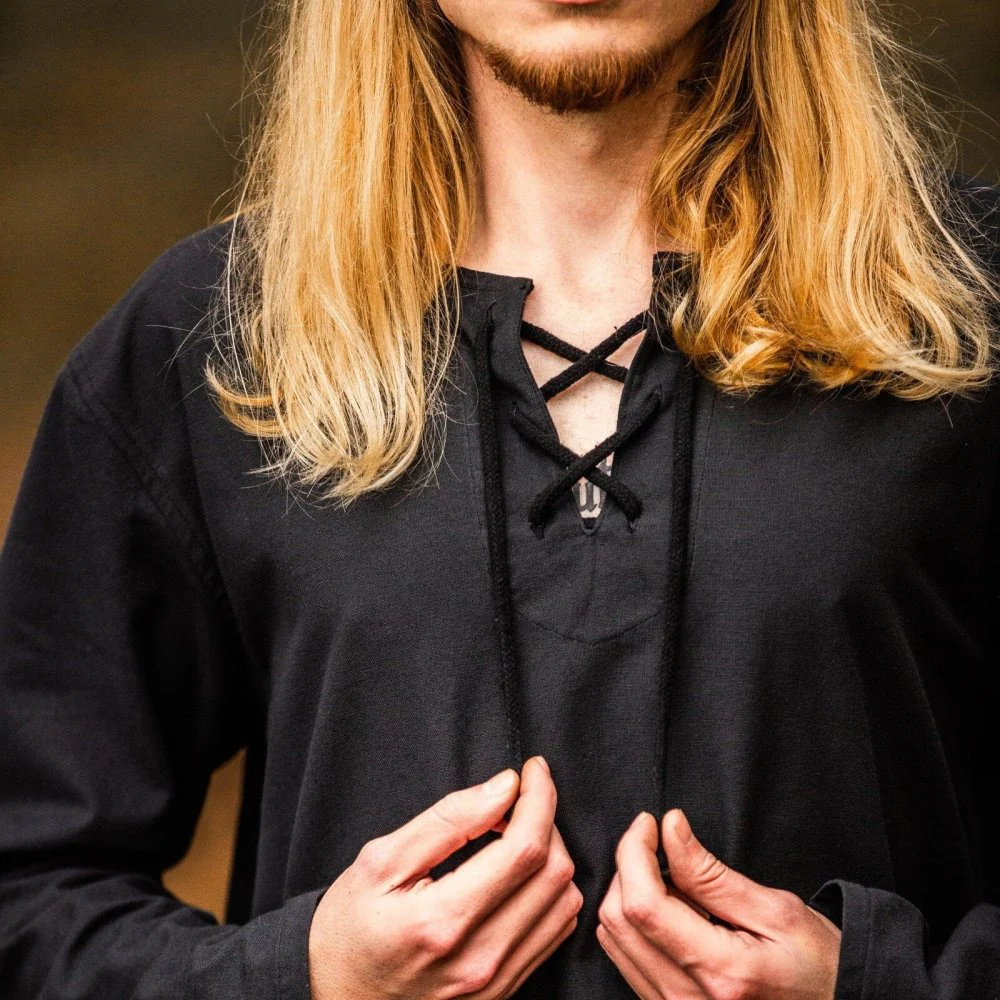 Black Cotton Viking Tunic | Long Sleeves, Lace-Up Collar - Image 3