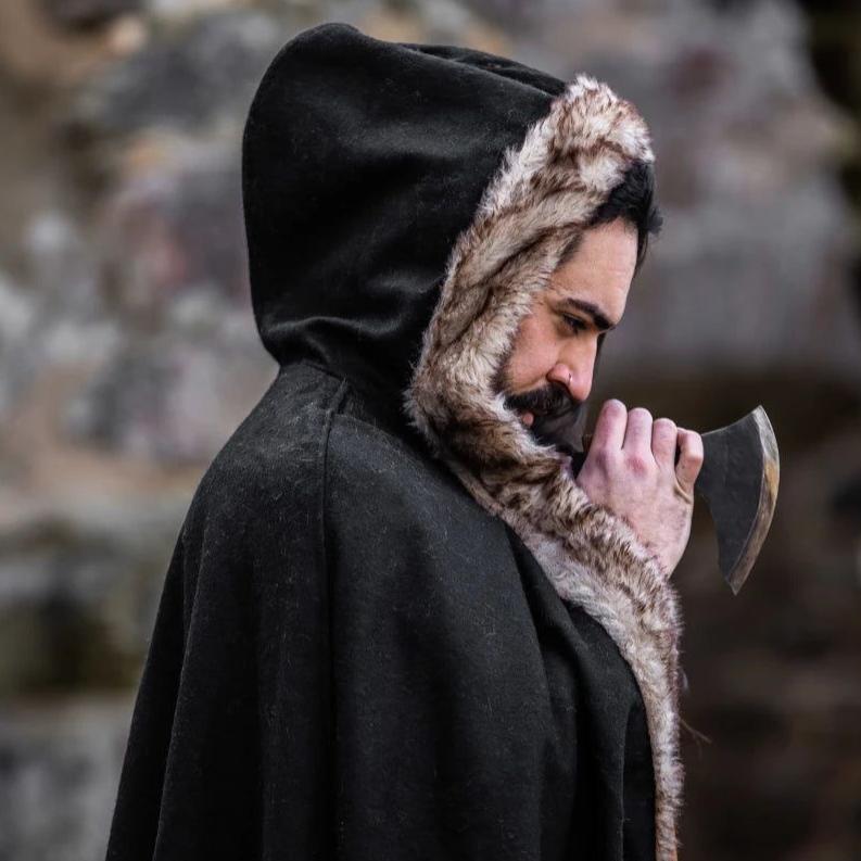 Black Hooded Viking Cloak | Brown Faux Fur Trim - Image 11