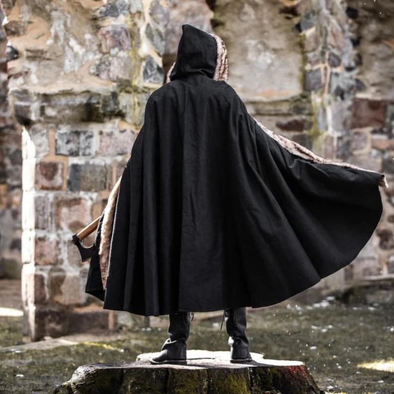 Black Hooded Viking Cloak | Brown Faux Fur Trim - Image 12