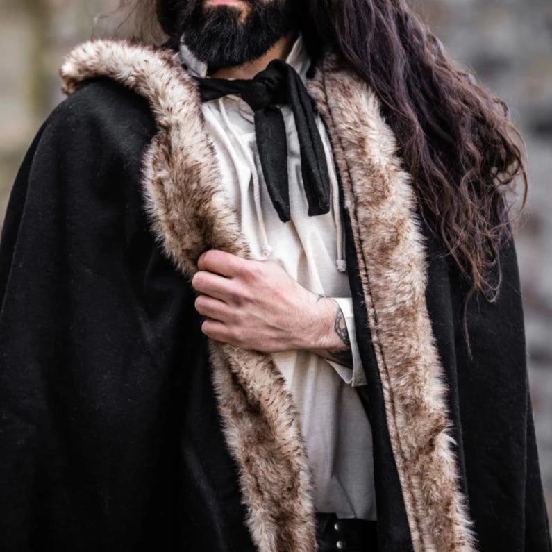 Black Hooded Viking Cloak | Brown Faux Fur Trim - Image 3