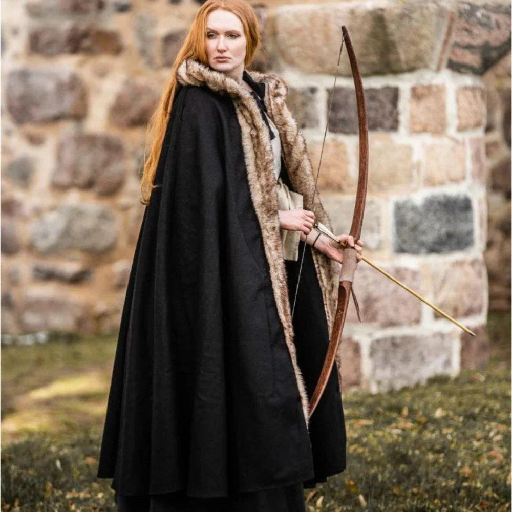Black Hooded Viking Cloak | Brown Faux Fur Trim - Image 4