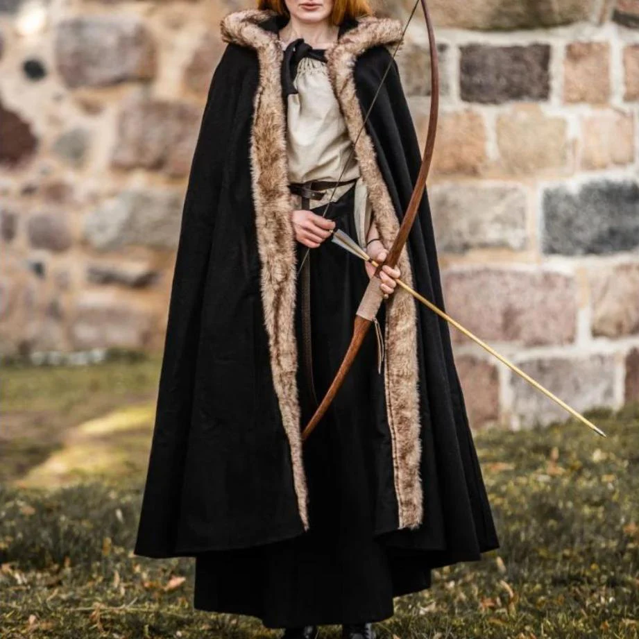 Black Hooded Viking Cloak | Brown Faux Fur Trim - Image 5