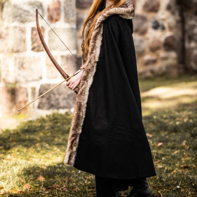 Black Hooded Viking Cloak | Brown Faux Fur Trim - Image 8