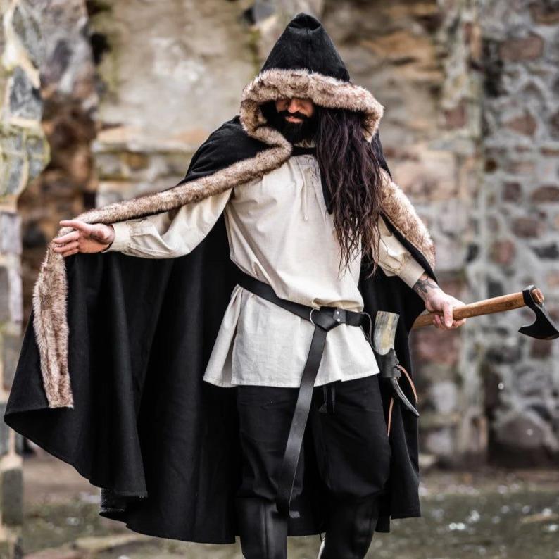 Black Hooded Viking Cloak | Brown Faux Fur Trim - Image 9