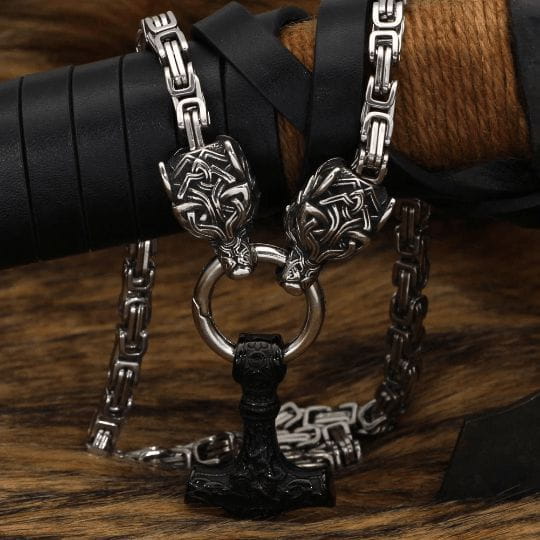 Black Fenrir Sun-Eater Wolf of Ragnarok Necklace | Steel Byzantine Chain - Image 5