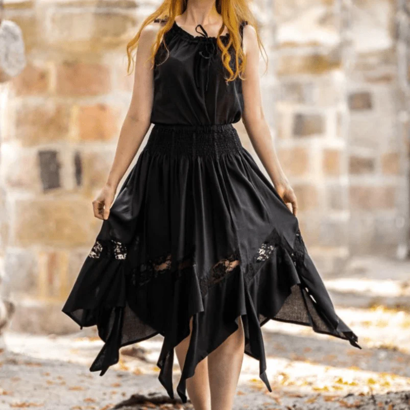 Black Viking Skirt | Flowing Silhouette with Lace Detailing - Image 2
