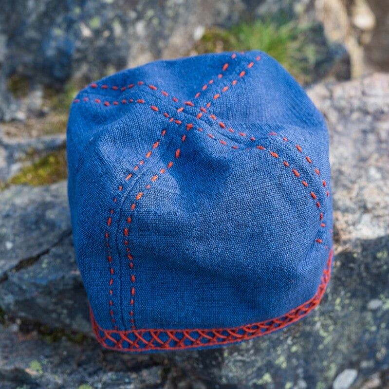 Blue Cotton Viking Cap | Red Embroidered Norse Motifs - Image 3
