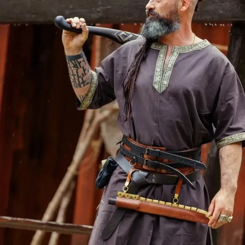 Dark Brown Viking Tunic with Short Sleeves, Embroidered Border - Image 3