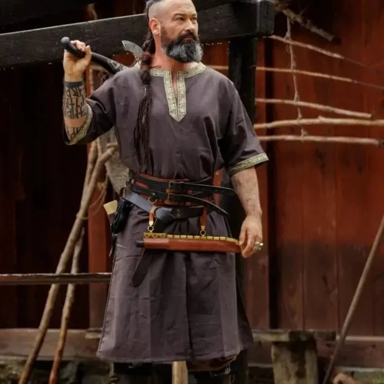 Dark Brown Viking Tunic with Short Sleeves, Embroidered Border - Image 5