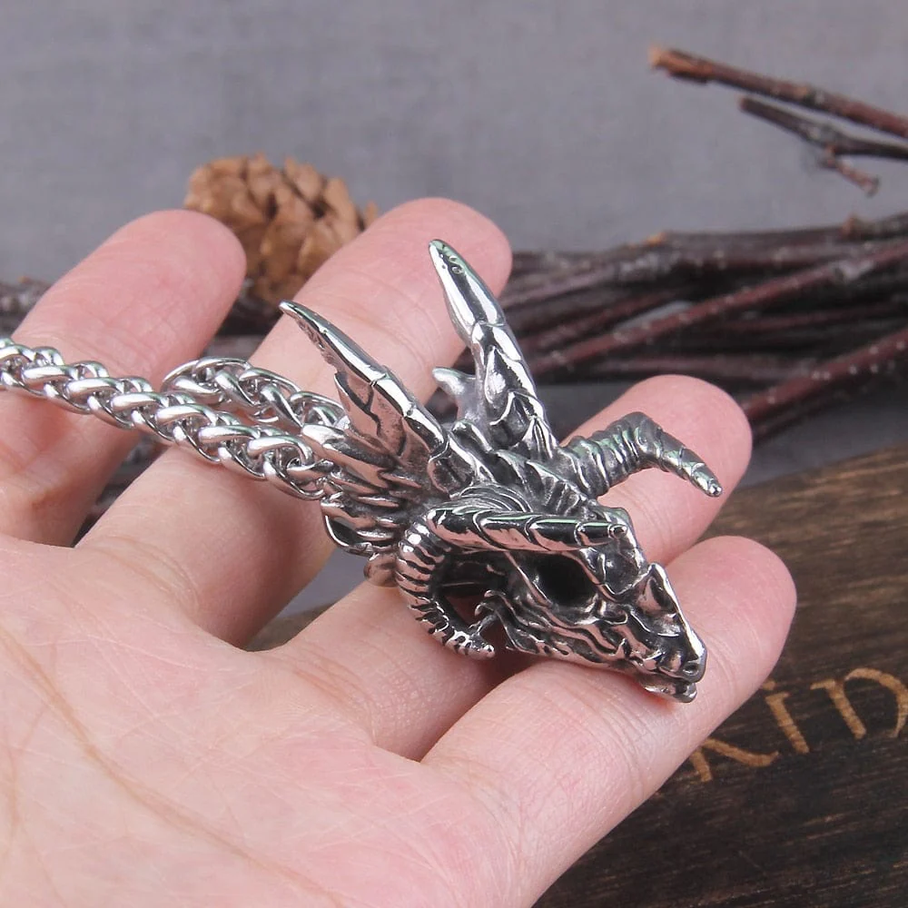 Dragon Skull Steel Pendant Necklace - Nidhogg Corpse Eater - Image 3