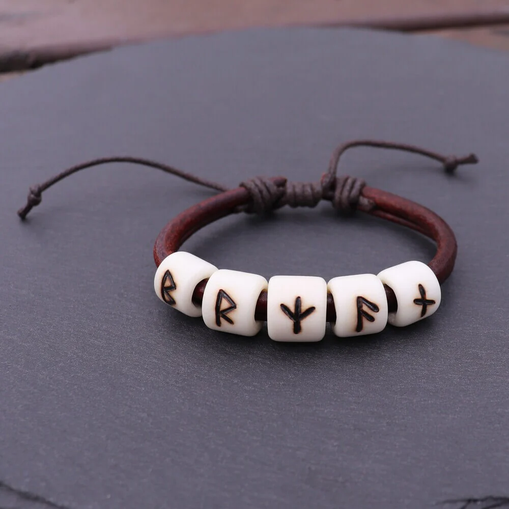 Elder Futhark Rune Bead Leather Viking Bracelet - Image 3