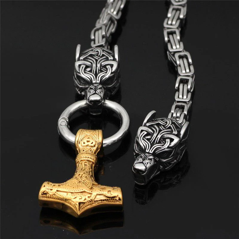 Gold Fenrir Sun-Eater Wolf of Ragnarok Necklace | Steel Byzantine Chain - Image 2