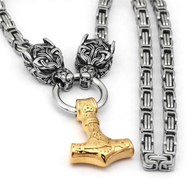 Gold Fenrir Sun-Eater Wolf of Ragnarok Necklace | Steel Byzantine Chain - Image 4