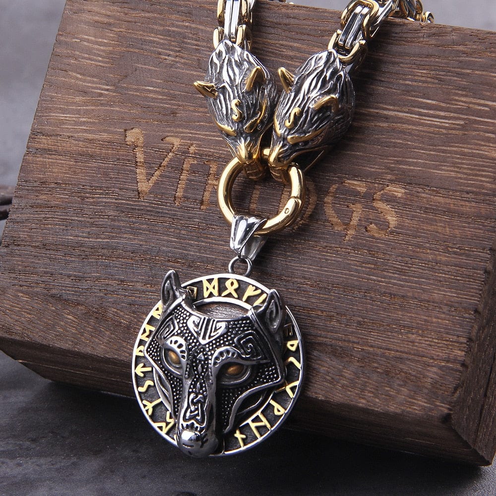 Fenrir Wolf Medallion Odin's Chain Necklace | Gold & Steel Viking Jewelry - Image 3