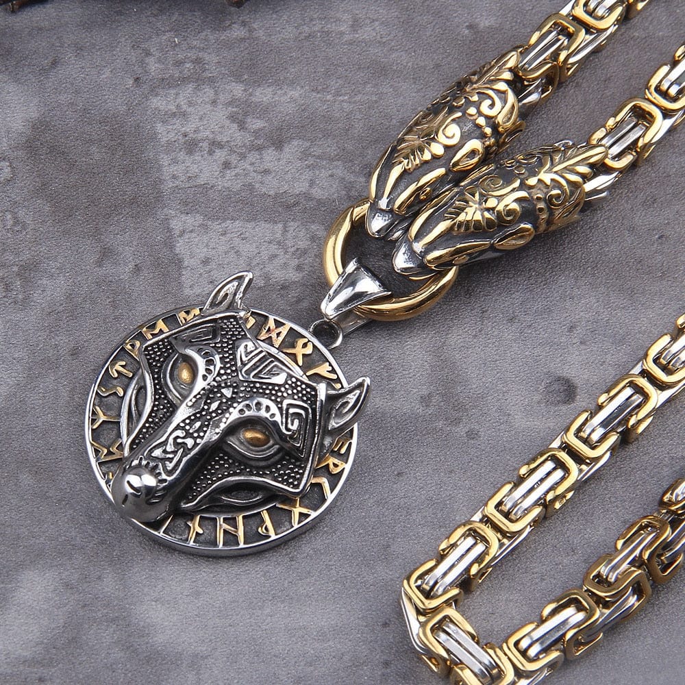 Fenrir Wolf Medallion Odin's Chain Necklace | Gold & Steel Viking Jewelry - Image 4
