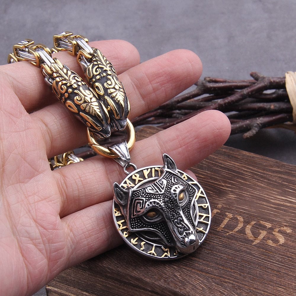 Fenrir Wolf Medallion Odin's Chain Necklace | Gold & Steel Viking Jewelry - Image 5