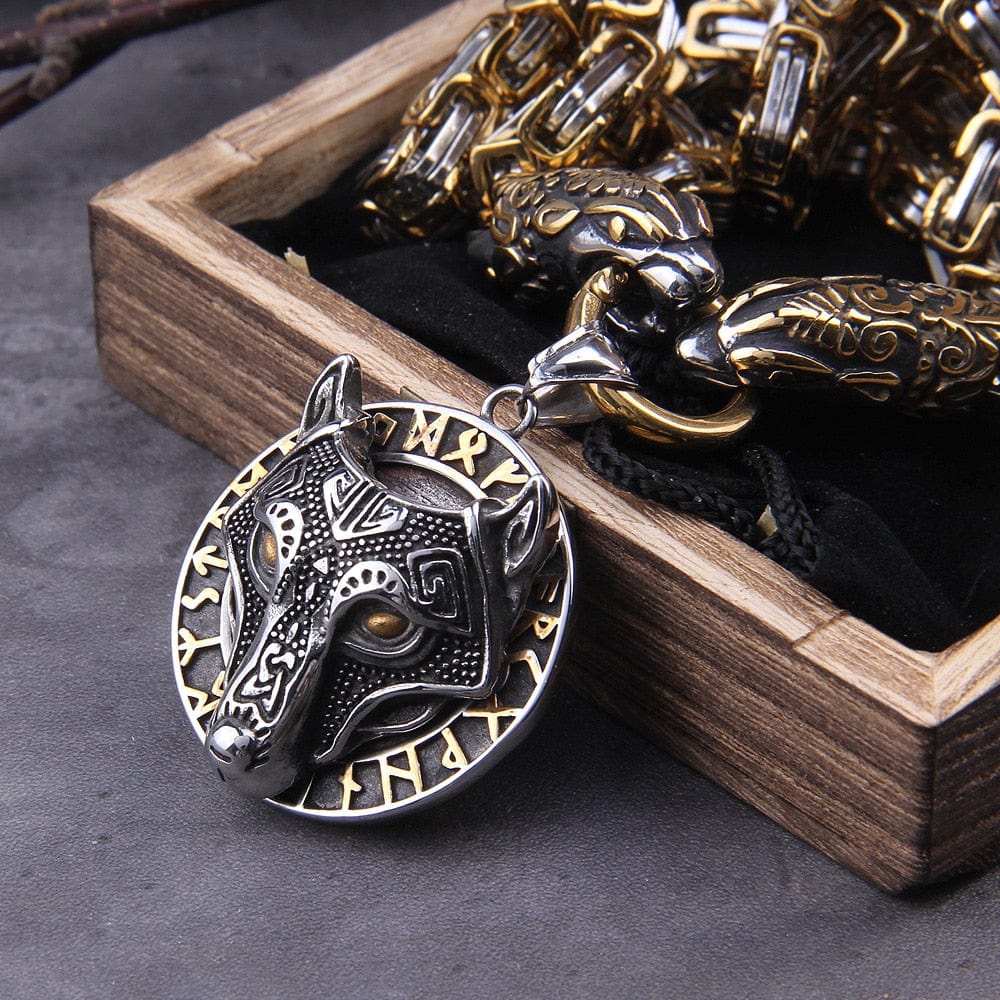 Fenrir Wolf Medallion Odin's Chain Necklace | Gold & Steel Viking Jewelry - Image 6