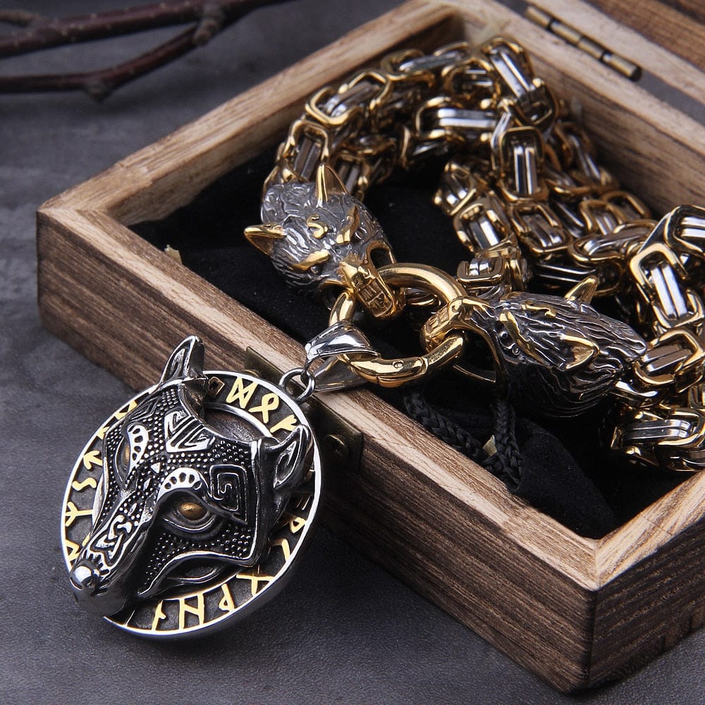 Fenrir Wolf Medallion Odin's Chain Necklace | Gold & Steel Viking Jewelry - Image 7