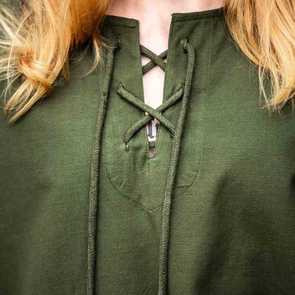 Green Cotton Viking Tunic | Long Sleeves, Lace-Up Collar - Image 3
