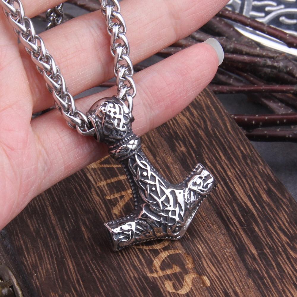 Viking Geri & Freki Wolf Head Thor's Hammer Mjolnir Necklace | Steel Chain - Image 2