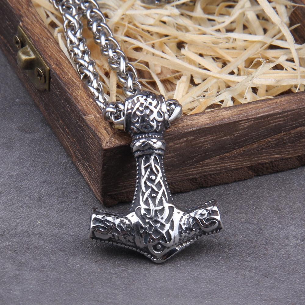 Viking Geri & Freki Wolf Head Thor's Hammer Mjolnir Necklace | Steel Chain - Image 4
