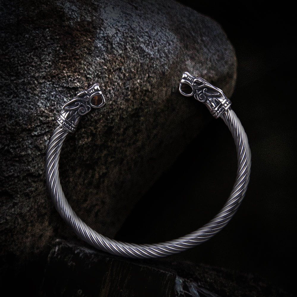 Knotwork Wolves of Ragnarok Geri & Freki Torc Bracelet | Stainless Steel - Image 3