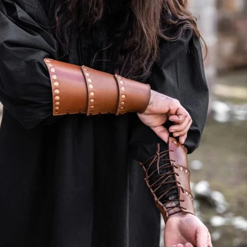 Brown Leather Viking Arm Bracer | Rugged Rivets & Adjustable Straps - Image 3