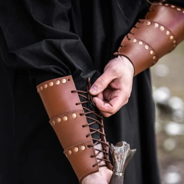 Brown Leather Viking Arm Bracer | Rugged Rivets & Adjustable Straps - Image 4