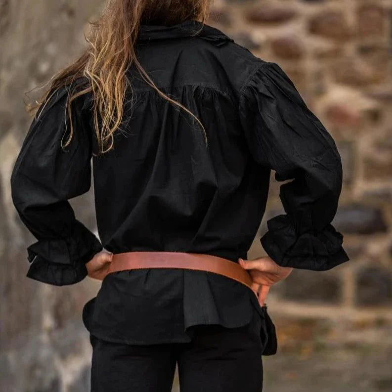 Long Sleeve Black Lace-Up Shirt | Ruffled Neckline with Wooden Button - Image 3
