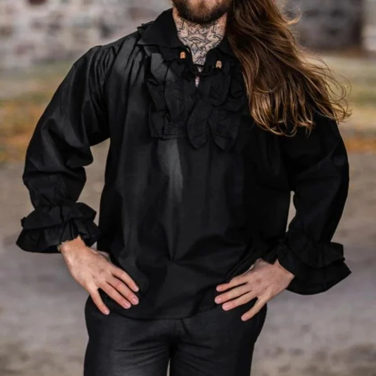 Long Sleeve Black Lace-Up Shirt | Ruffled Neckline with Wooden Button - Image 4