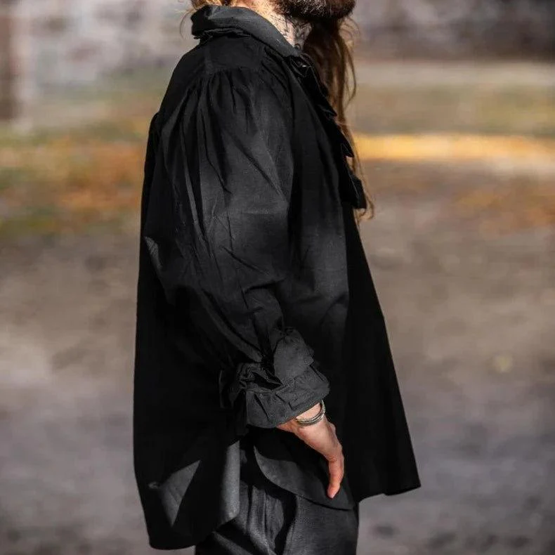 Long Sleeve Black Lace-Up Shirt | Ruffled Neckline with Wooden Button - Image 5