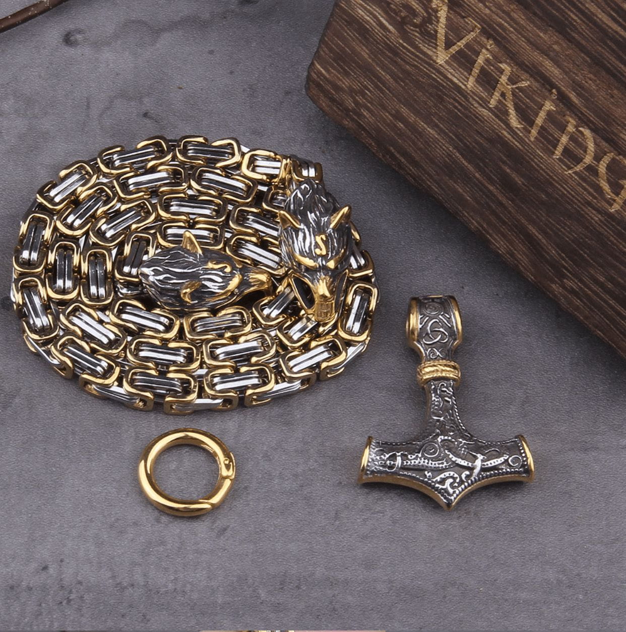 Fenrir Sun-Eater Wolf of Ragnarok Mjolnir King's Chain | Gold & Steel - Image 5