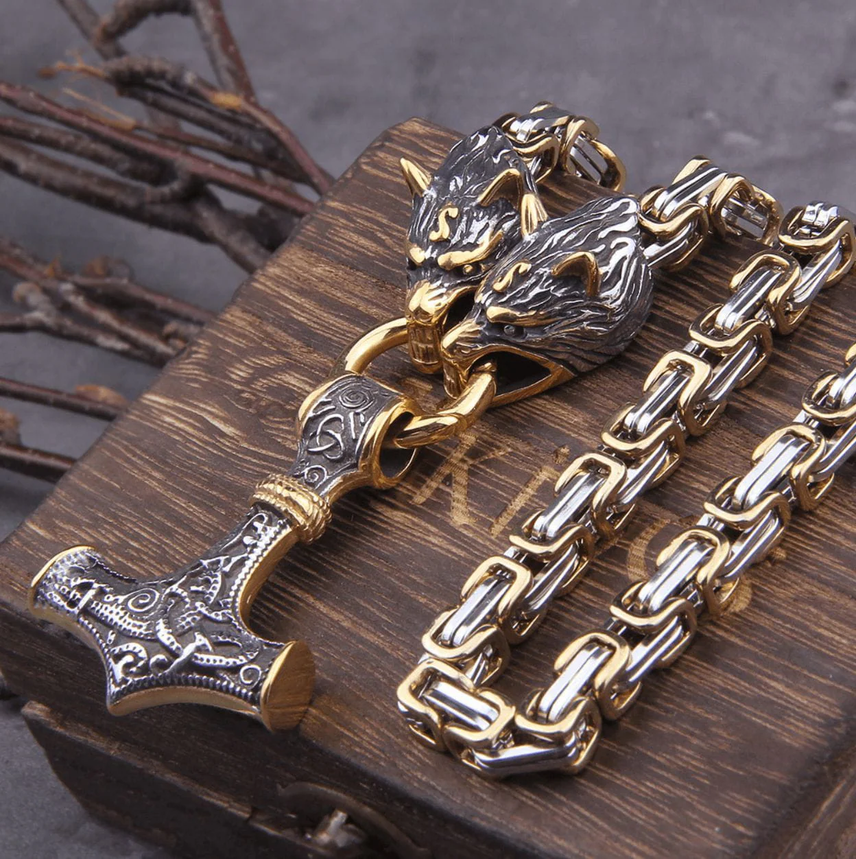 Fenrir Sun-Eater Wolf of Ragnarok Mjolnir King's Chain | Gold & Steel - Image 7