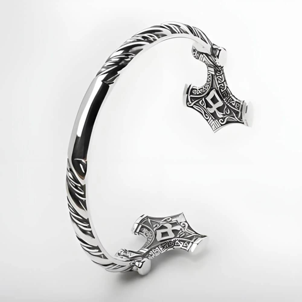 Mjolnir Rune Hammer Open Cuff Viking Bracelet