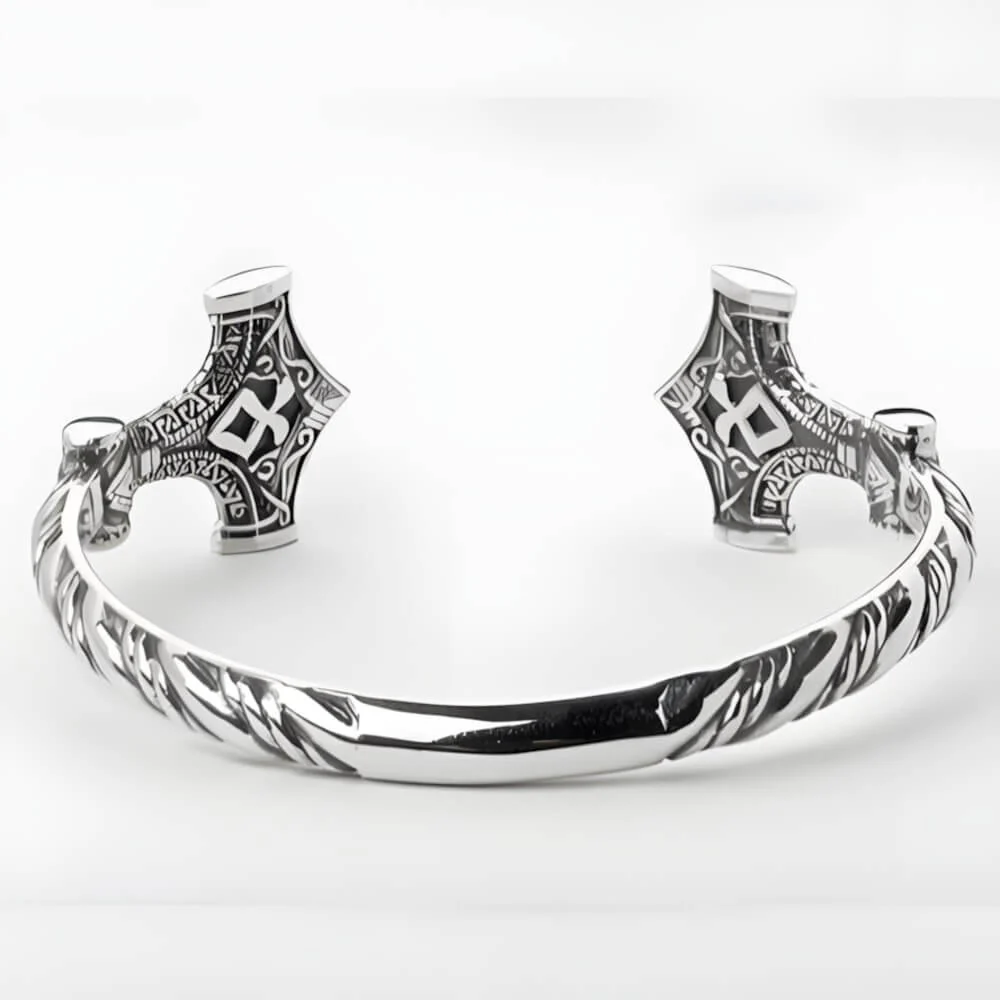 Mjolnir Rune Hammer Open Cuff Viking Bracelet - Image 2