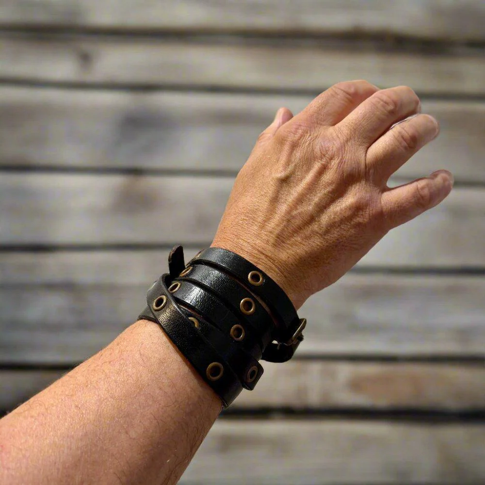 Leather Multi-Wrap Viking Bracelet | Buckle Closure | Brass Rivets