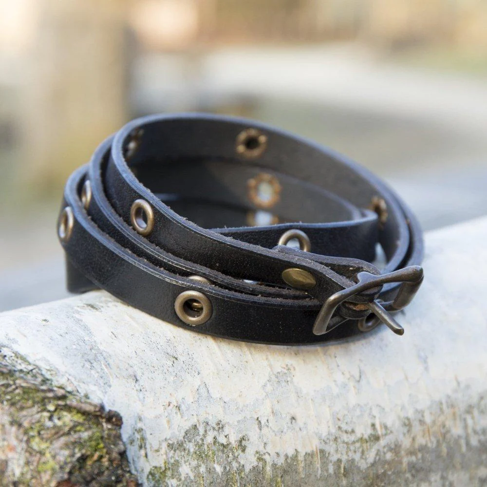 Leather Multi-Wrap Viking Bracelet | Buckle Closure | Brass Rivets - Image 2