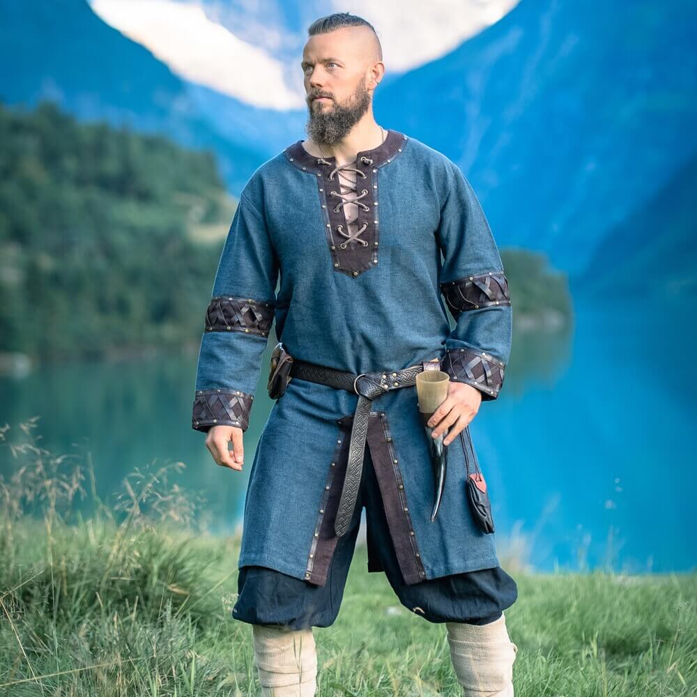 NEW Viking Tunic - Blue with Ornate Leather Trim