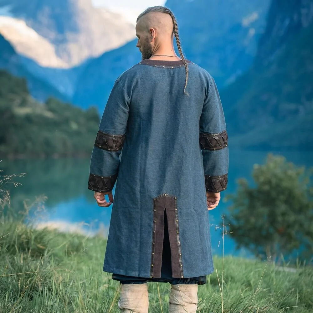 NEW Viking Tunic - Blue with Ornate Leather Trim - Image 2