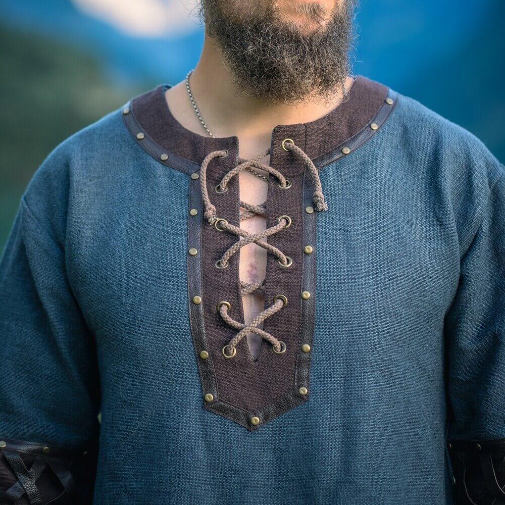 NEW Viking Tunic - Blue with Ornate Leather Trim - Image 4