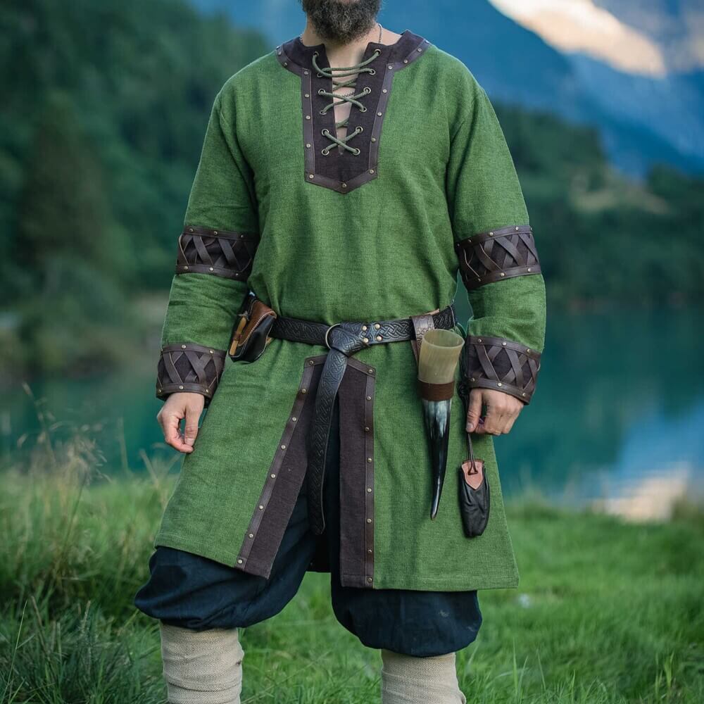 NEW Viking Tunic - Green with Ornate Leather Trim