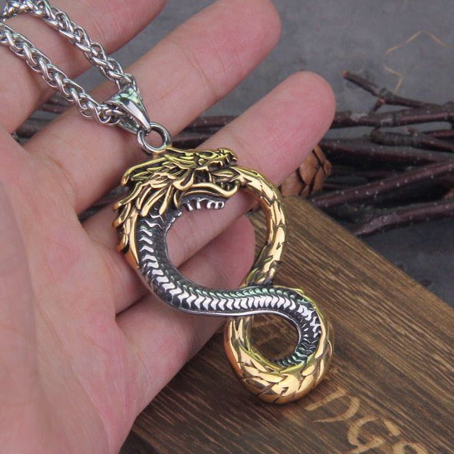 Norse Dragon Necklace - Gold and Silver Jörmungandr Steel Necklace - Image 3