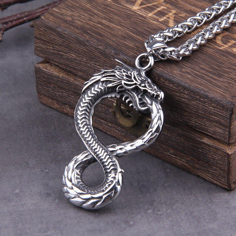 Norse Dragon Necklace - Gold and Silver Jörmungandr Steel Necklace - Image 4