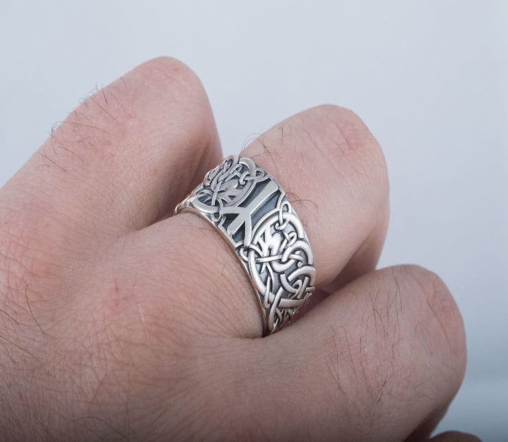 Norse Ornament Ring with Algiz Rune Sterling Silver Ring - Image 4