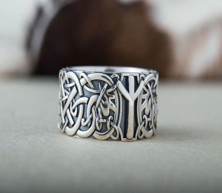 Norse Ornament Ring with Algiz Rune Sterling Silver Ring - Image 5