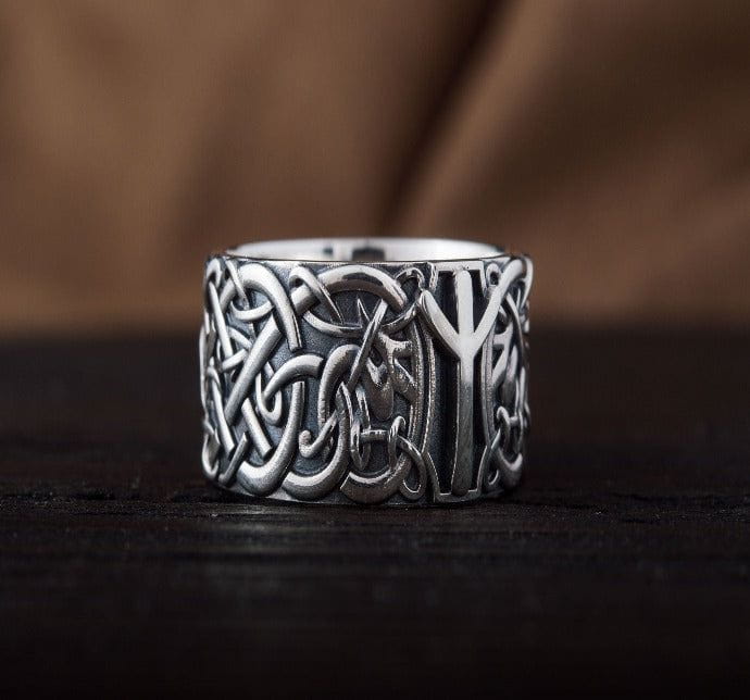 Norse Ornament Ring with Algiz Rune Sterling Silver Ring - Image 6