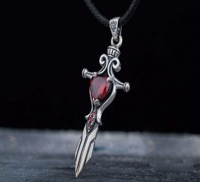 Handcrafted Sterling Silver Viking Sword Pendant | Red Cubic Zirconia - Image 2