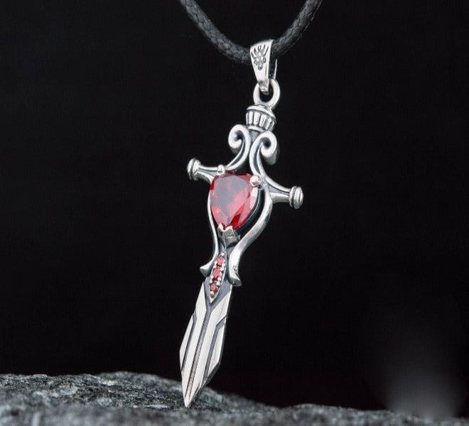 Handcrafted Sterling Silver Viking Sword Pendant | Red Cubic Zirconia - Image 3